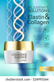 Collagen solution intensive cream ads. Vector Illustration with Elastin Cream container.