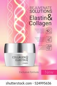 Collagen solution intensive cream ads. Vector Illustration with Elastin cream container.