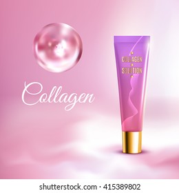 Collagen solution intensive cream tube pink background advertisement poster for pharmaceutical and cosmetics products realistic vector illustration 