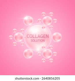 Collagen solution in molecules atom pink. For design cosmetics products. Vitamins complex from nature. Medical health care skin protection. 3D Vector EPS10.