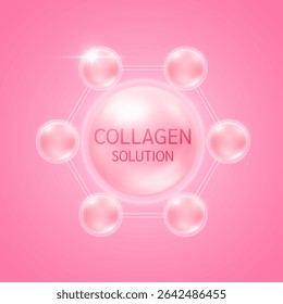 Solução de colágeno em moléculas atômicas rosa. Para produtos cosméticos de design. Complexo de vitaminas da natureza. Proteção da pele para cuidados médicos. Vetor 3D EPS10.