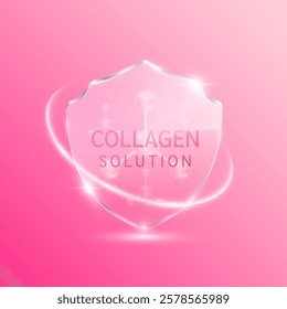 Collagen solution molecules pink in translucent glass shield modern surrounded by glowing ring. For design cosmetics products. Vitamins complex. Medical health care skin protection. 3D Vector EPS10.