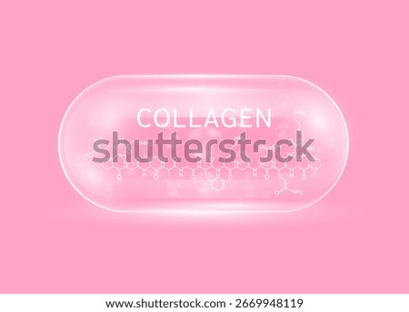 Collagen solution molecules pink in transparent capsule and chemical structure. For cosmetic products ads. Vitamins complex from nature. Medical health care skin protection. Vector EPS10.