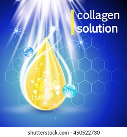  collagen solution oil drop essence. Premium gold shining serum droplet. Vector illustration