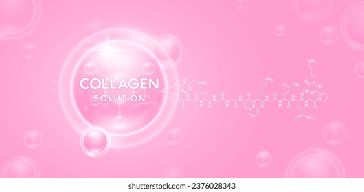 Collagen solution pink with chemical formula structure. Vitamins complex hyaluronic acid serum and moisturizer essential to the health skin care. For cosmetic beauty nutrition. Vector.