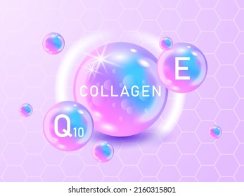 Collagen solution, Q10, Vitamin E. Vitamin skin care for ad. Shining pill capsule icon. Substance For Beauty, Cosmetic, Heath Promo Ads Design. 3D vector background