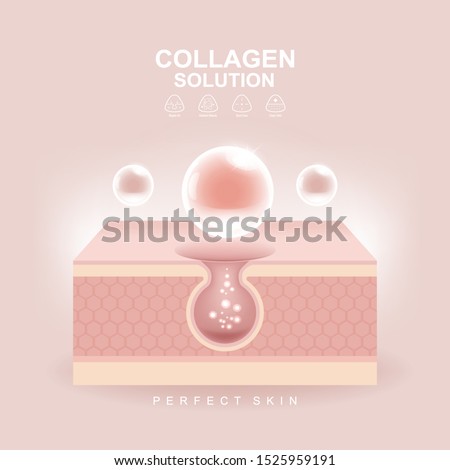 Collagen Solution Serum Drop and Vitamin Background. Vector Skin Care Cosmetic concept.