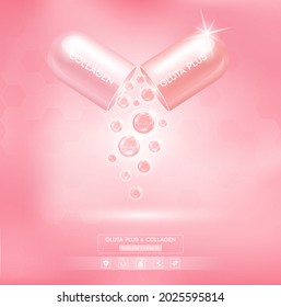Collagen solution serum and glutathione with capsule solution serum pink. Natural cosmetics lotion for face or body. Hyaluronic acid skin care ad. Beauty and Medicine Concepts. 3D Realistic Vector.