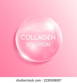 Solución de colágeno en forma de agua de gota rosa. Complejo de vitamina con fórmula química de la naturaleza. Tratamiento de belleza nutrición diseño de cuidado de la piel. Conceptos médicos y científicos. Vector Realista 3D.