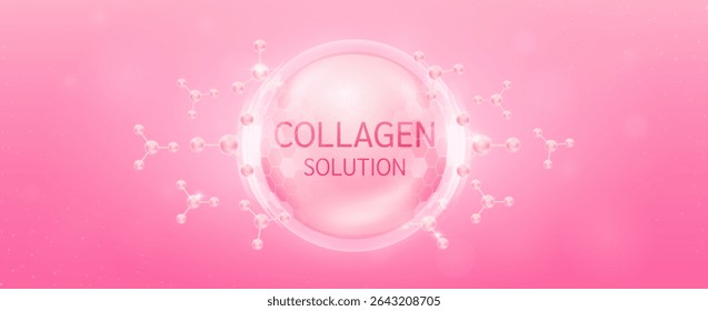 Collagen solution in transparent hexagonal dome with surrounding molecules atom pink. Banner for cosmetic products ads. Vitamins complex from nature. Medical health care skin protection. Vector EPS10.