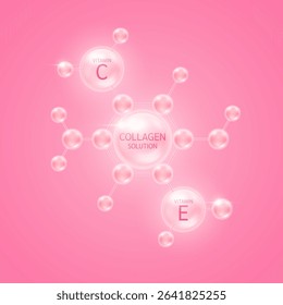 Collagen solution and vitamin C, E in molecules atom pink. For design cosmetics products. Vitamins complex from nature. Medical health care skin protection. 3D Vector EPS10.