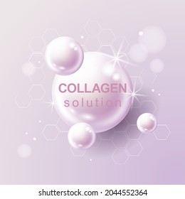 Solución de colágeno. Cuidado de la piel de la vitamina para el anuncio. Icono de cápsula de píldora brillante. Sustancia Para El Diseño De Los Anuncios De Belleza, Cosmética Y De Promoción De La Salud. Fondo vectorial 3D