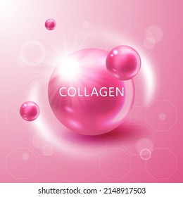 Collagen solution. Vitamin skin care for ad. Shining pill capsule icon. Substance For Beauty, Cosmetic, Heath Promo Ads Design. 3D vector background