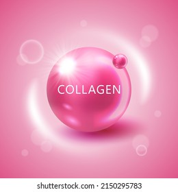 Collagen solution. Vitamin skin care for ad. Shining pill capsule icon. Substance For Beauty, Cosmetic, Heath Promo Ads Design. 3D vector background