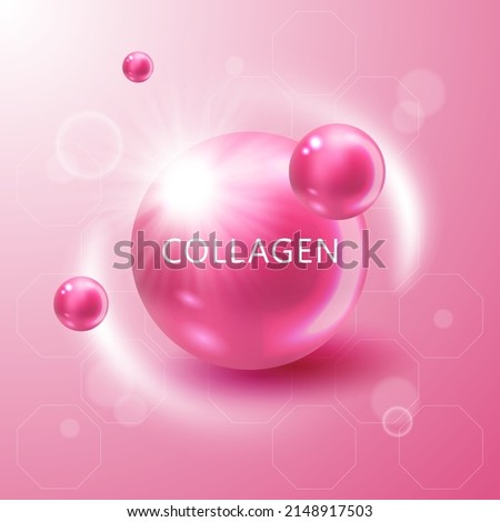 Collagen solution. Vitamin skin care for ad. Shining pill capsule icon. Substance For Beauty, Cosmetic, Heath Promo Ads Design. 3D vector background