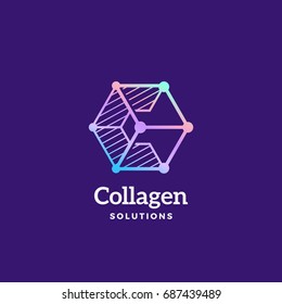 Collagen Solutions Abstract Vector Sign, Emblem or Logo Template. Letter C Incorporated in a Cube Geometry Symbol with Typography. On Dark Background.