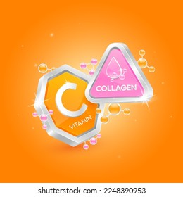 Colágeno en rosa triangular y vitamina C en forma de octágono naranja con una órbita de molécula átomo química alrededor. Logotipo 3D etiqueta nutricional plata. Utilizado para productos de diseño de alimentos y medicinas. Vector aislado.