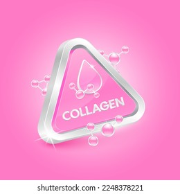Collagen in triangle shape pink with chemical atom molecule orbit around. 3D Logo label nutrition silver. Used for products food and medicine design. Isolated Vector.
