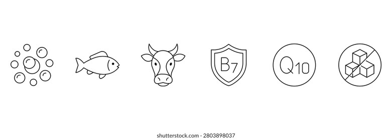 Collagen types line icon set including marine fish bovine cow biotin coenzyme q10 and sugar free.