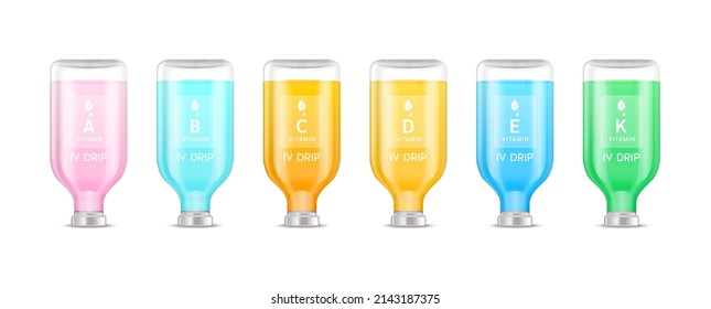 Collagen vitamin inside saline bottle. Injection of IV drip serum vitamins and minerals for health and skin. Medical aesthetic concept. Saline plastic bottle set. On white background 3D vector.