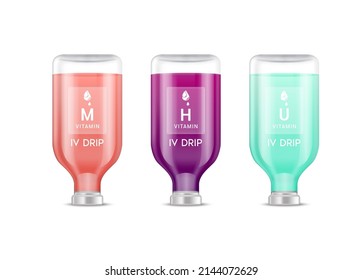 Collagen vitamin inside saline bottle. Injection of IV drip serum vitamins and minerals for health and skin. Medical aesthetic concept. Saline plastic bottle set. On white background 3D vector.