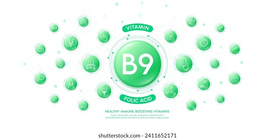 Collagen water green drop vitamin B9 or Folic Acid with medical icons. Immune boosting vitamins various organs of body keep healthy. Dietary supplement nutrition treatment skin care banner. Vector.