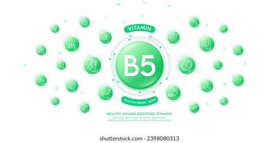 vitamina B5 verde agua colágeno o ácido pantotenico con iconos médicos. Las vitaminas que estimulan la inmunización en diversos órganos del cuerpo se mantienen sanas. Cartel de tratamiento de la piel de suplementos dietéticos. Vector.