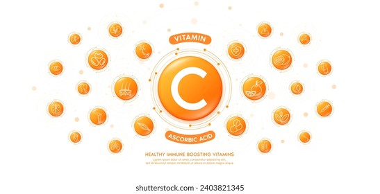 Collagen water orange drop vitamin C or Ascorbic Acid with medical icons. Immune boosting vitamins various organs of body keep healthy. Dietary supplement nutrition treatment skin care banner. Vector.