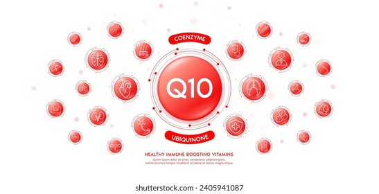 Collagen water red drop coenzyme Q10 or Ubiquinone with medical icons. Immune boosting vitamins various organs of body keep healthy. Dietary supplement nutrition treatment skin care banner. Vector.