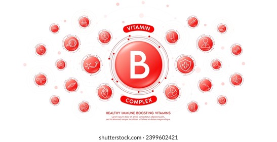 Complejo de vitamina B con íconos médicos con agua de colágeno y agua roja. Las vitaminas que estimulan la inmunización en diversos órganos del cuerpo se mantienen sanas. Cartel de tratamiento de la piel de suplementos dietéticos. Vector.