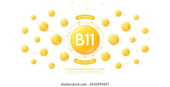 Kollagen-Wasser-gelber Tropfen Vitamin B11 mit medizinischen Symbolen. Immun-stimulierende Vitamine verschiedene Organe des Körpers erhalten gesund. Nahrungsergänzungsmittel Behandlung Hautpflegebanner. Vektorgrafik.