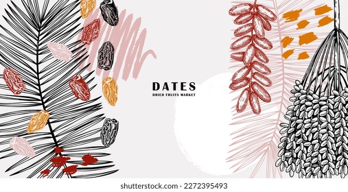 Fondo de estilo colonial con hojas de palma de dátiles y bocetos de frutas secas. Diseño de borde de comida vegetariana a mano con caramelos orientales ilustraciones vectoriales. Vieja fechas maduras plantilla de banners de moda