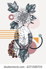 Collage-style bird card. Sketched dove trendy poster. Creative designs with bird sketch, botanical illustrations, geometric shapes, and abstract elements for nature print, wall art, packaging. 