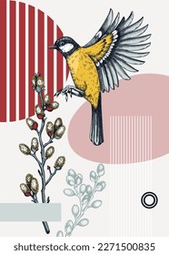 Collage-style bird card. Sketched great tit  trendy poster. Creative designs with bird sketch, botanical illustrations, geometric shapes, and abstract elements for nature print, wall art, packaging. 