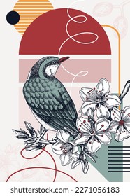 Collage-style bird cards set. Sketched birds trendy poster collection. Creative designs with botanical illustrations, geometric shapes, and abstract elements for nature print, wall art, packaging. 