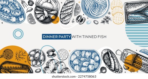 Diseño de carteles de pescado enlatado al estilo de los collage. Fondo de marisco con sardinas hechas a mano, anchoa, caballa, atún, mejillones en latas, canapas de pescado, aceitunas y croquetas. Collage de pescado picado