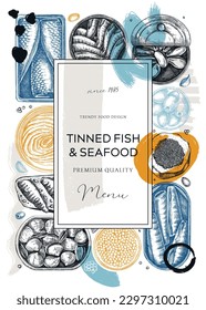 Diseño de marco de pescado enlatado al estilo de los collage. Fondo marino con sardinas hechas a mano, anchoa, caballa, atún, mejillones en lata dibujos. Alimentos saludables con bocetos de pescado en lata y formas abstractas