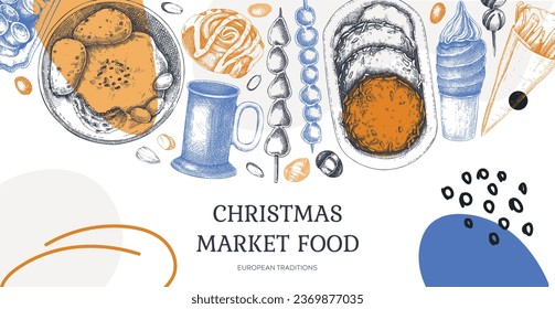 Collage-style Christmas background. European Christmas market food design. Fast food menu. Vintage hand-drawn vector illustration. Mulled wine, raclette, grilled sausages, pastries sketches