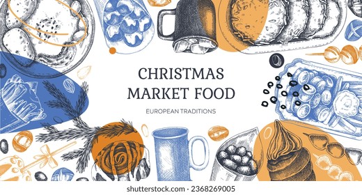 Collage-style Christmas market background. Fast food trendy menu design. Hand-drawn vector illustration. Pastries, sweets, grilled meat, hot drinks sketches.