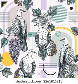 Collage-style dove vector background. Hand-drawn bird on blooming lilac and guelder rose branches with flowers, berries, leaves. Trendy seamless pattern with botanical sketches and geometric shapes