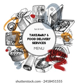 Collage-style fast food wreath. Hand-drawn vector illustration.  Take away food sketches. Restaurant delivery frame template. Trendy background