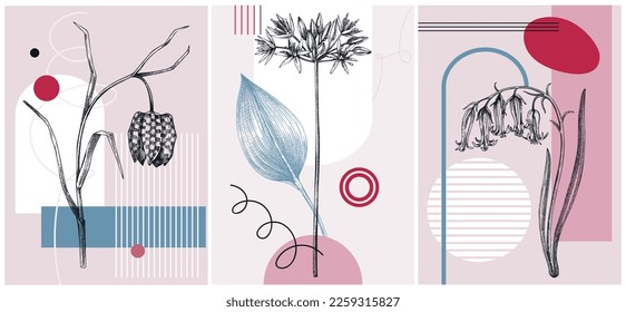 Collage-style first spring wildflowers vector illustration. Hand drawn floral banner. Trendy design with botanical sketches, and geometric shapes. Bluebell, wild garlic, fritillary flowers for prints