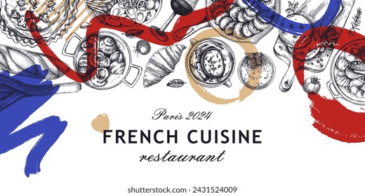 Collage-style French food banner design. Vintage food and wine sketches. Abstract restaurant menu template. France background. Hand-drawn vector illustration, NOT AI generated