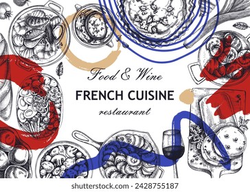 Collage-style French food frame design. Wine and food sketches. European restaurant menu template. France background. Hand-drawn vector illustration, NOT AI generated