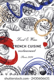 Collage-style French food frame design. Vintage food and wine sketches. Abstract restaurant menu. France background. Hand-drawn vector illustration, NOT AI generated