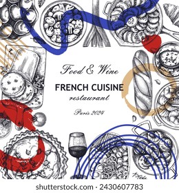 Collage-style French food frame design. Trendy food and wine sketches. European restaurant menu template. France background. Hand-drawn vector illustration, NOT AI generated