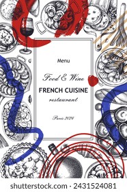 Collage-style French food frame design. Vintage food and wine sketches. Abstract restaurant menu. France background. Hand-drawn vector illustration, NOT AI generated