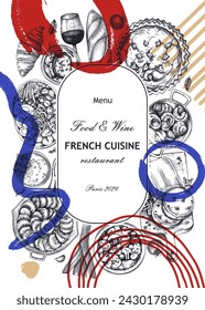 Collage-style French food wreath design. Vintage food and wine sketches. Abstract restaurant menu. France background. Hand-drawn vector illustration, NOT AI generated