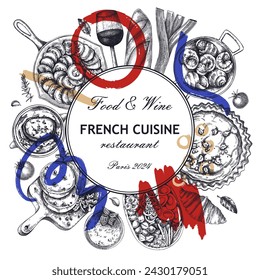 Collage-style French food wreath design. Trendy food and wine sketches. European restaurant menu template. France background. Hand-drawn vector illustration, NOT AI generated