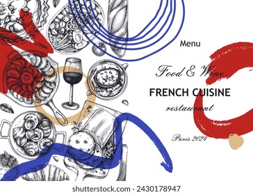 Collage-style French restaurant menu design template. France food and wine sketches. European food trendy background. Hand-drawn vector illustration, NOT AI generated